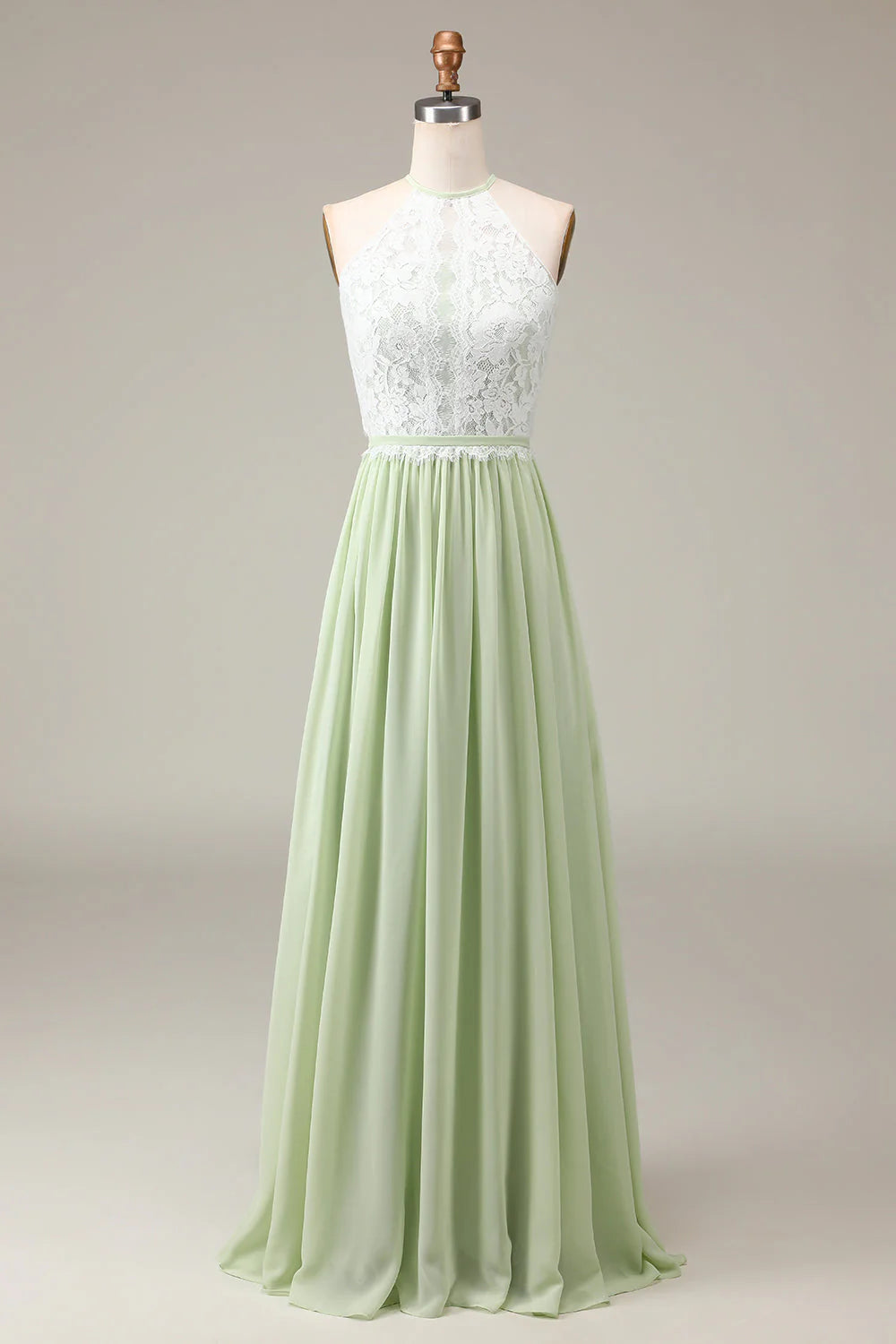 Vestido de dama de honor con escote halter, encaje y gasa, corte A, largo hasta el suelo